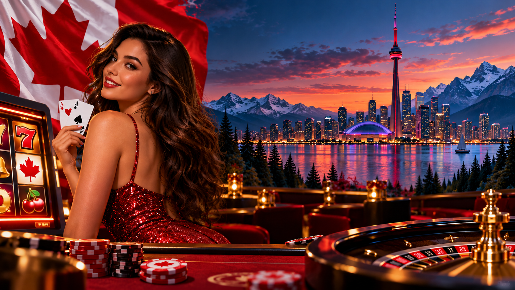 Canadian city skyline at sunset with casino-themed foreground